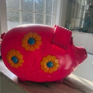 Pink Piggy Bank with Floral Design from 1971 Vintage